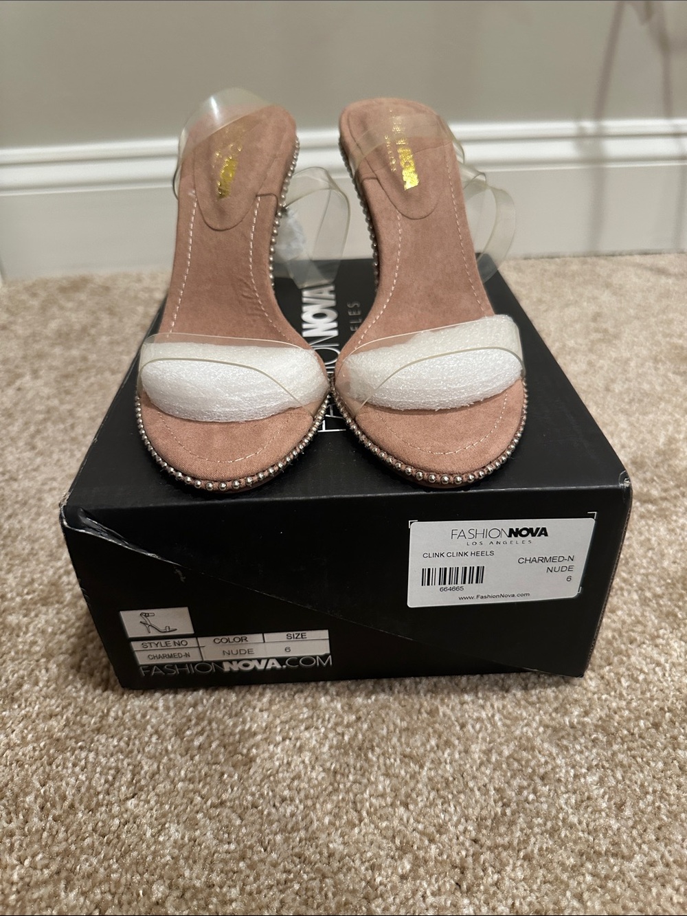 Fashion Nova Nude & Clear Open-Toe Heeled Sandals